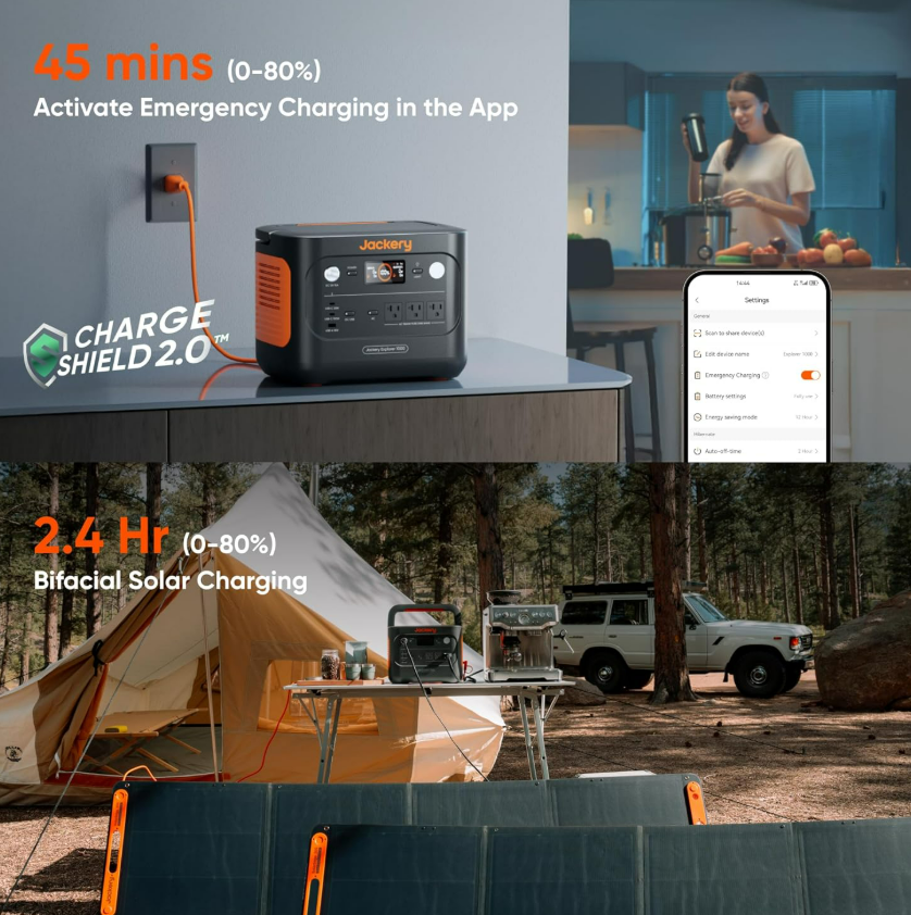 Jackery Explorer 1000 v2 fast AC charging and bifacial solar charging graphic