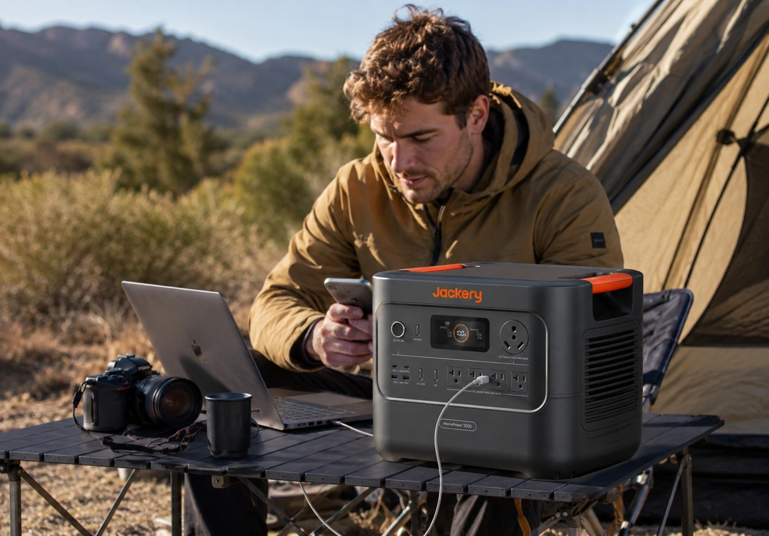 Jackery HomePower 3000 powering a toaster oven with real-time wattage display showing 562W input and 707W output at 82% battery