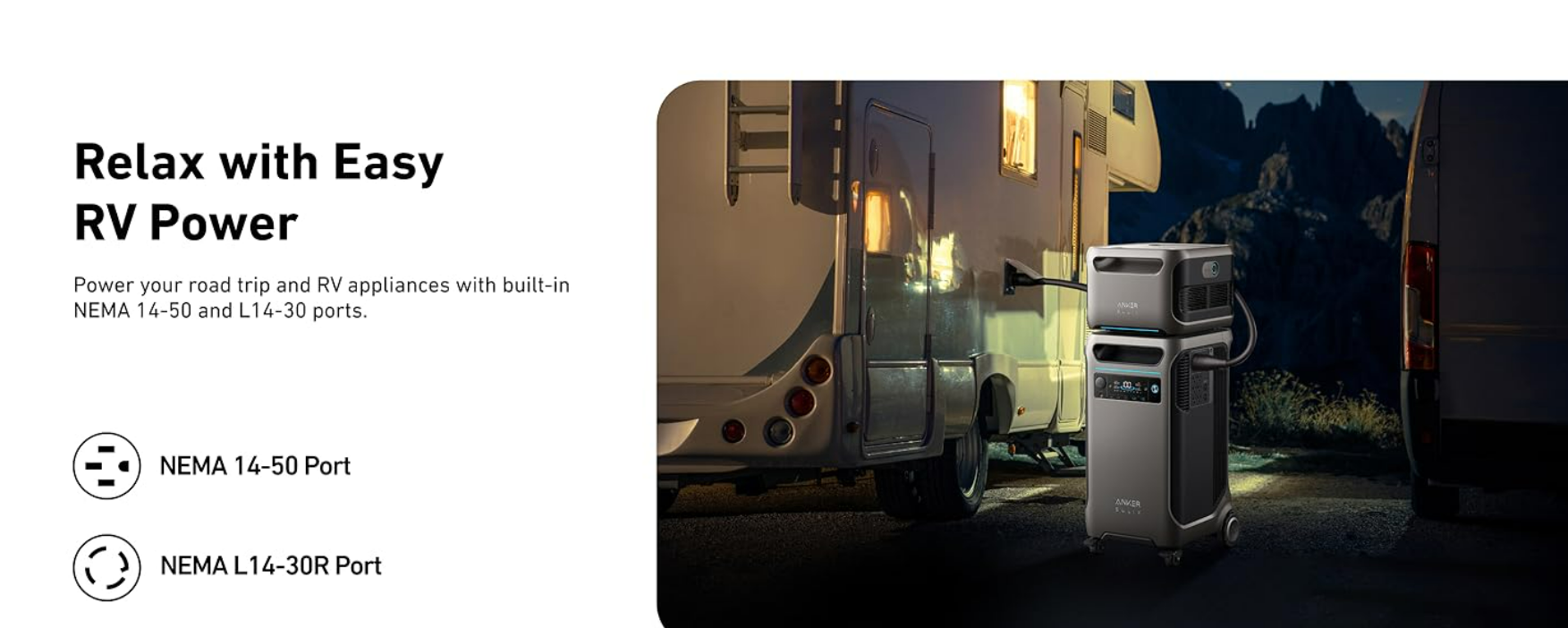 Anker SOLIX F3800 RV power setup with NEMA 14-50 and L14-30R ports