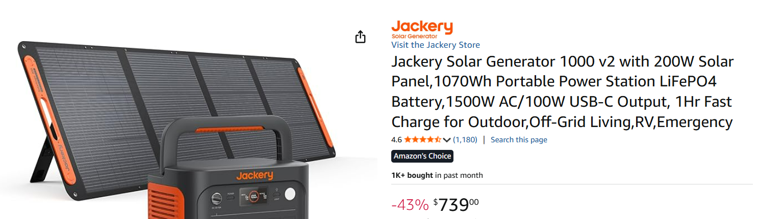 Jackery Solar Generator 1000 v2 with 200W solar panel Amazon listing