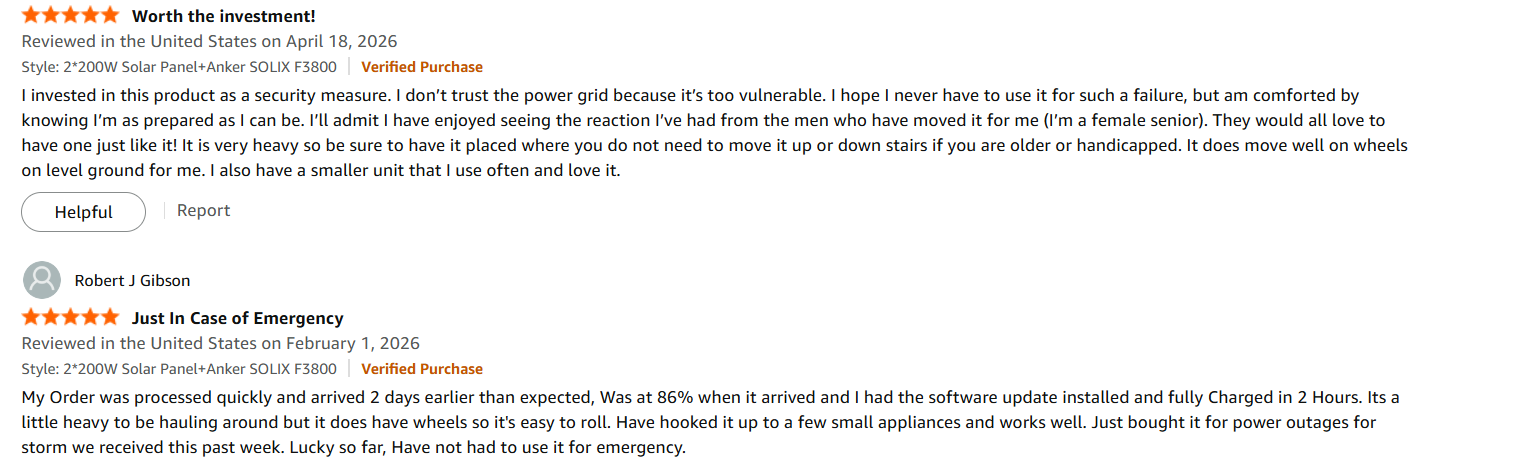 Anker SOLIX F3800 owner feedback screenshot from Amazon reviews