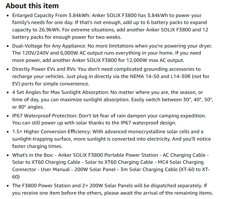 Anker SOLIX F3800 capacity and accessory information from product listing