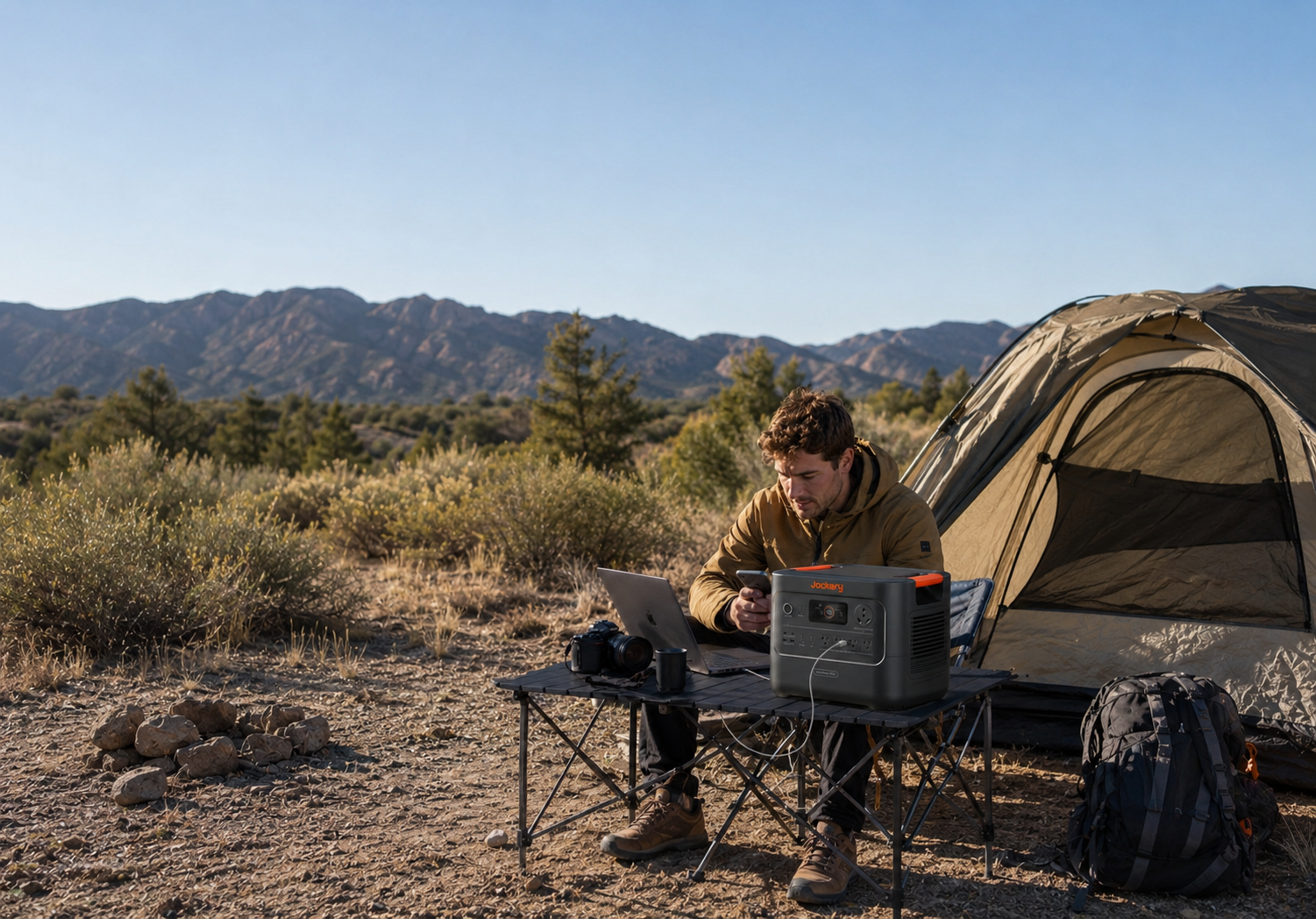 Jackery HomePower 3000 in pass-through mode with cable plugged in, charge display showing 92 percent on hardwood floor