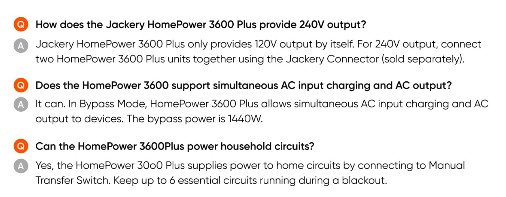 Jackery HomePower 3600 Plus FAQ about 240V bypass and household circuits